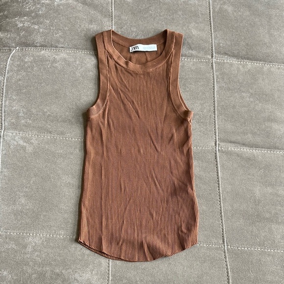 Zara Brown Ribbed Fitted Tank Top - Picture 1 of 6